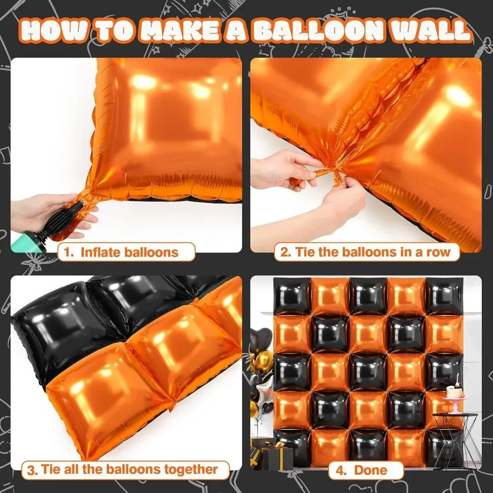 25PCS Halloween Black Orange Square Foil Balloons Wall Backdrop Double Sided